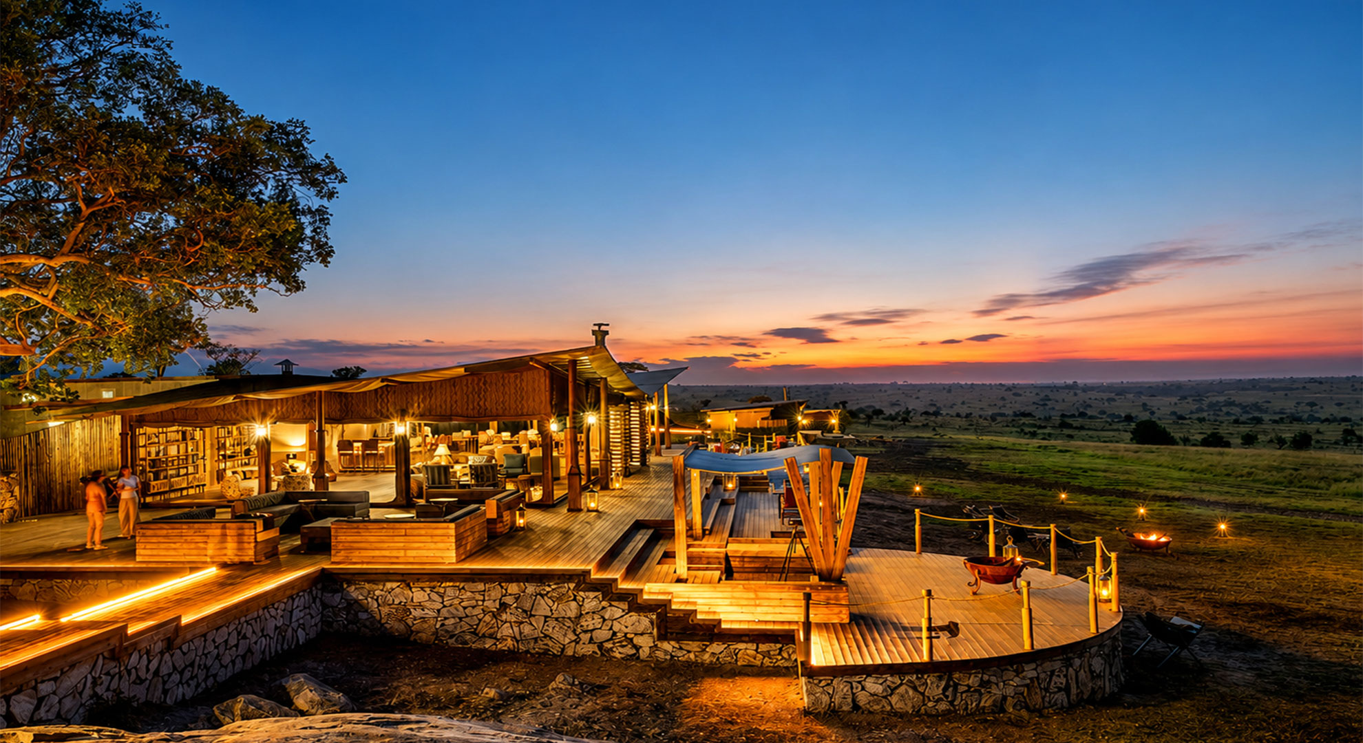 Luxury safari lodge at sunset